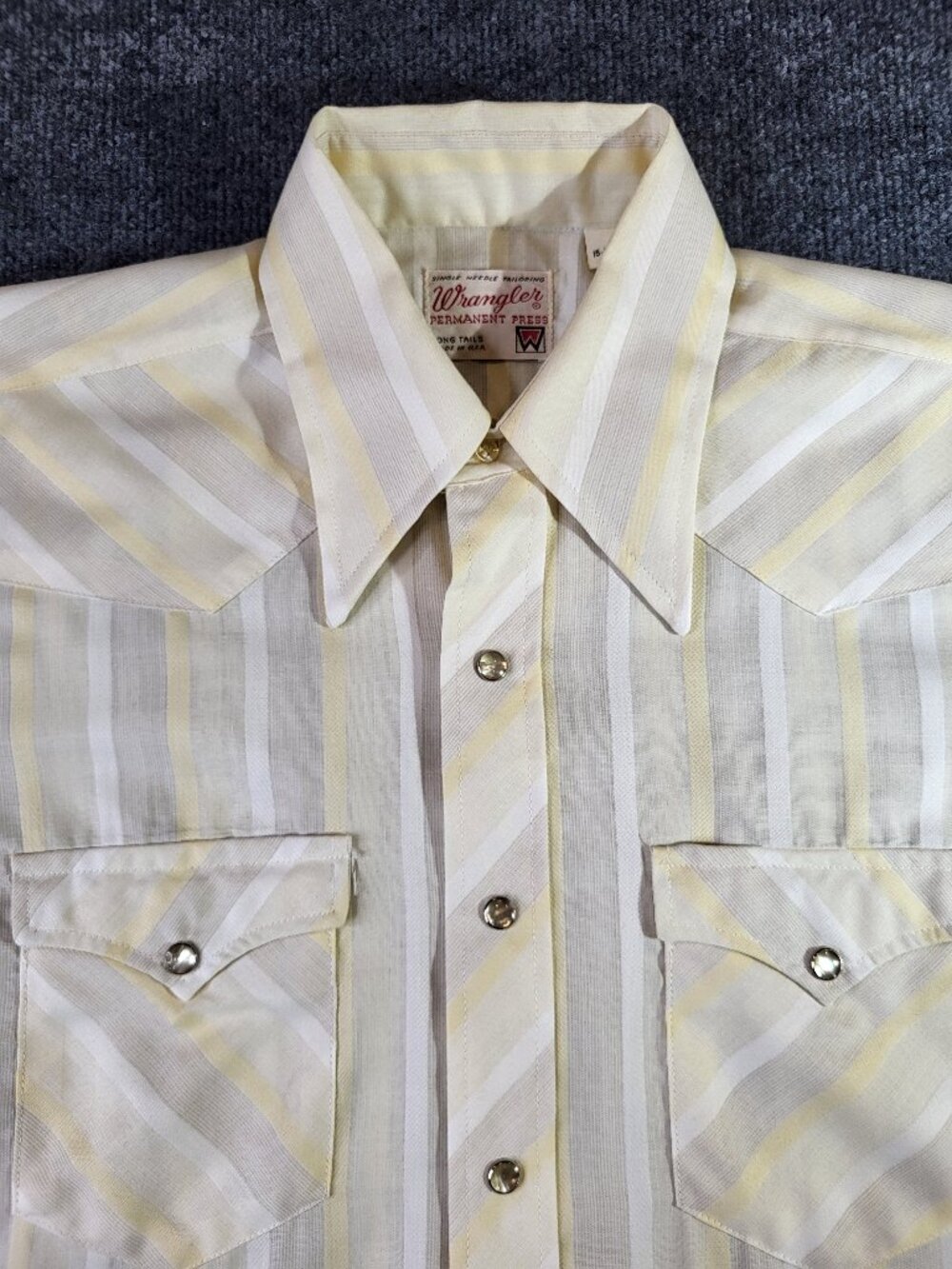 Vtg 70's Wrangler Pearl Snap Western Shirt USA Made 15/34 Long Tail Striped Rare